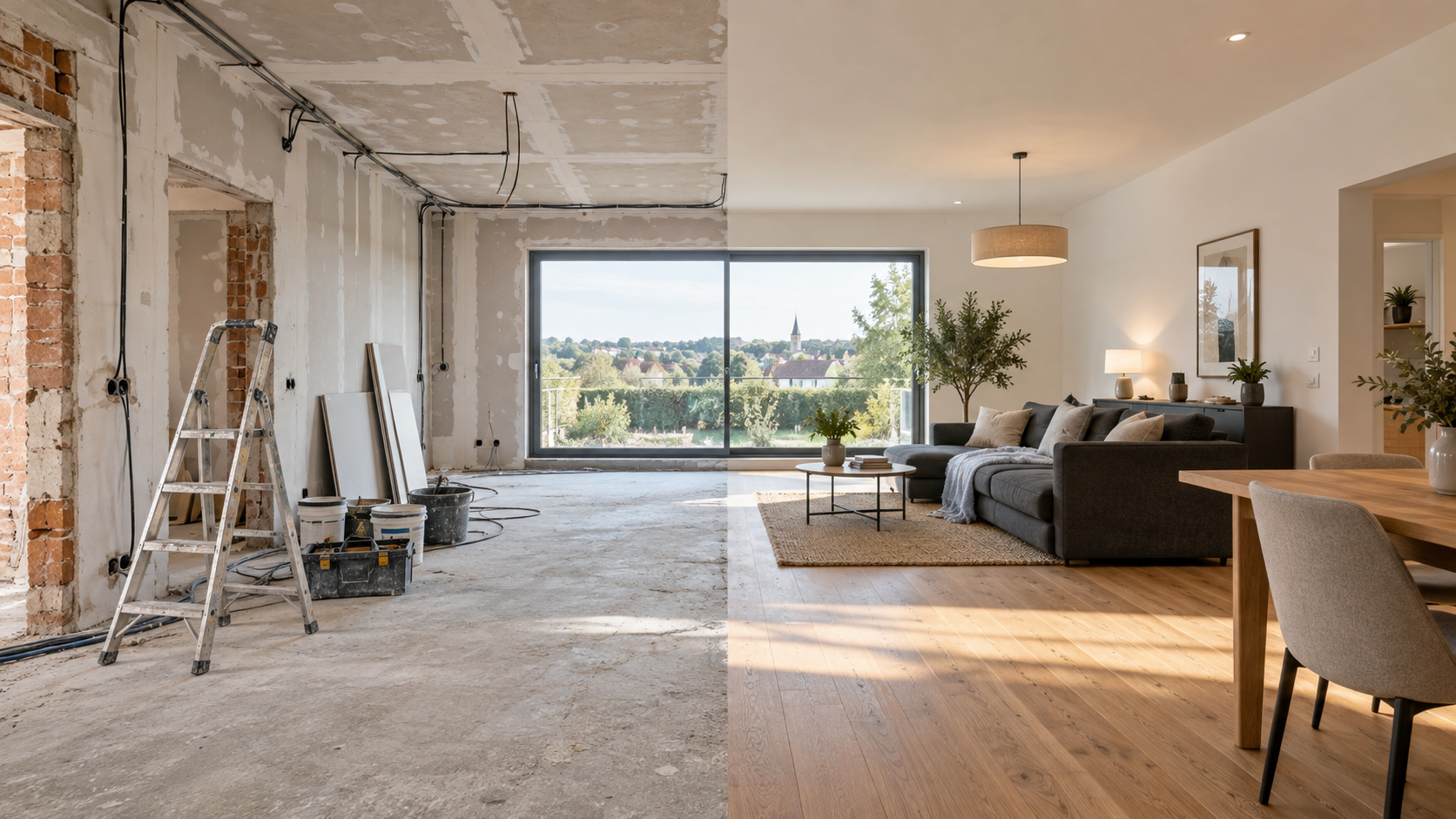 Illustration avant et après : la même pièce en chantier à gauche et rénovée à droite